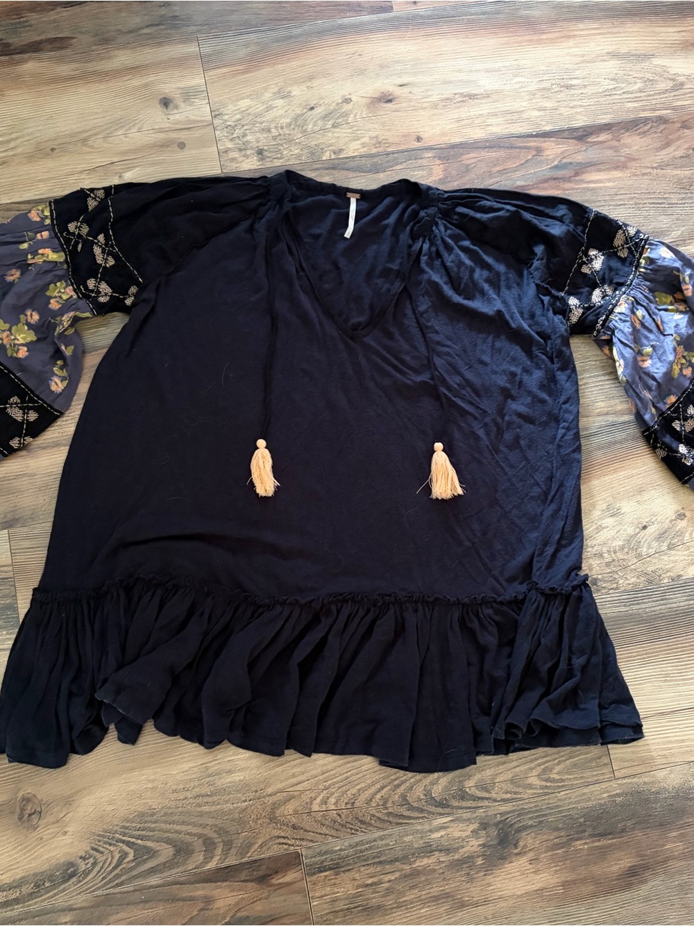 Free People Black Peasant Top with Floral Bell Sleeves and Tassels